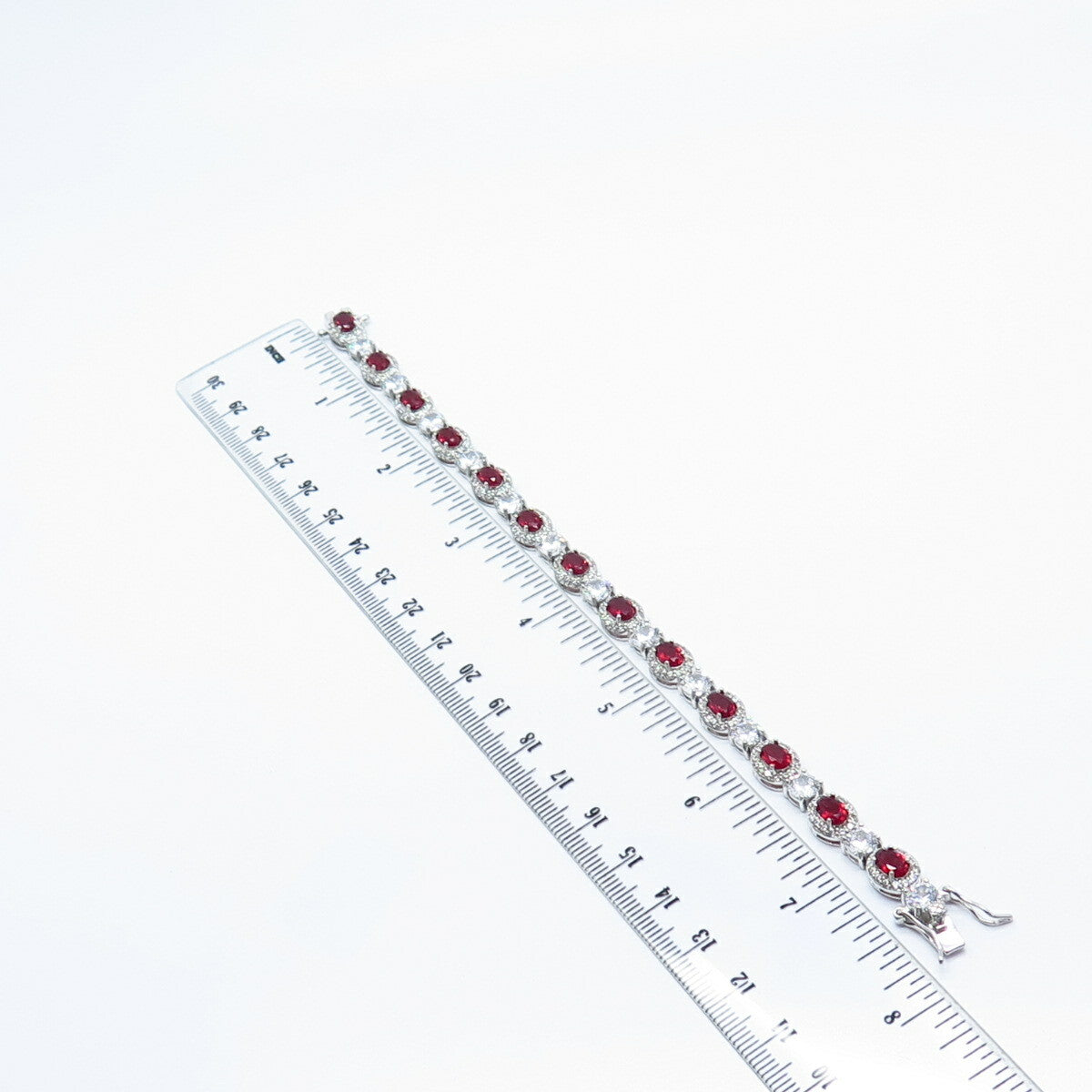 925 Sterling Silver Real Rhodolite Garnet Gem & C Z Tennis Link Bracelet 7.25"