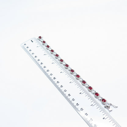 925 Sterling Silver Real Rhodolite Garnet Gem & C Z Tennis Link Bracelet 7.25"