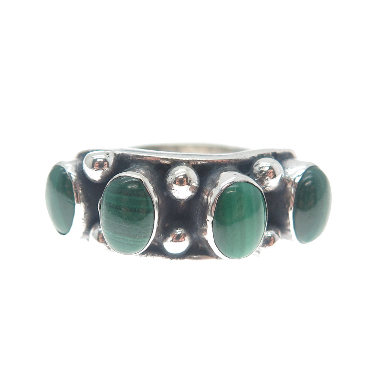925 Sterling Silver Vintage Real Malachite Beaded Oxidized Ring Size 7.25