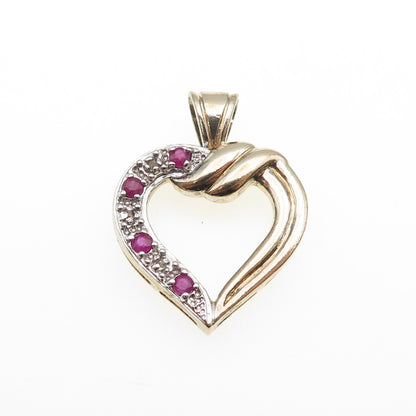 925 Sterling Silver Gold Plated Vintage Real Diamond & Ruby Heart Charm Pendant