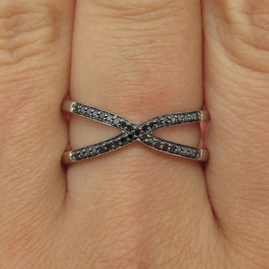 925 Sterling Silver Real Round-Cut Black Diamond Crisscross Ring Size 7.75