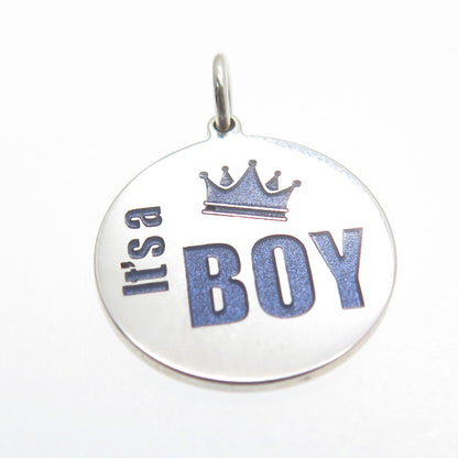 925 Sterling Silver Purple Enamel "It's a Boy" Round Minimalist Charm Pendant