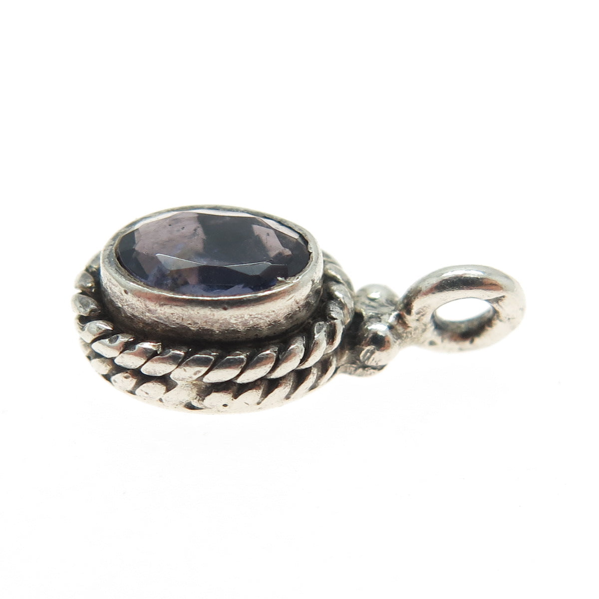 925 Sterling Silver Vintage Real Oval-Cut Iolite Roped Minimalist Pendant