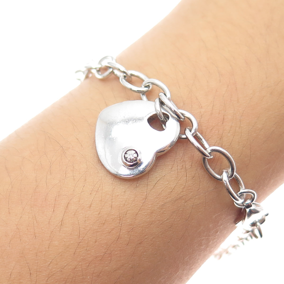 925 Sterling Silver Real Diamond I Love My Westie Heart Dangle Charm Bracelet 8"