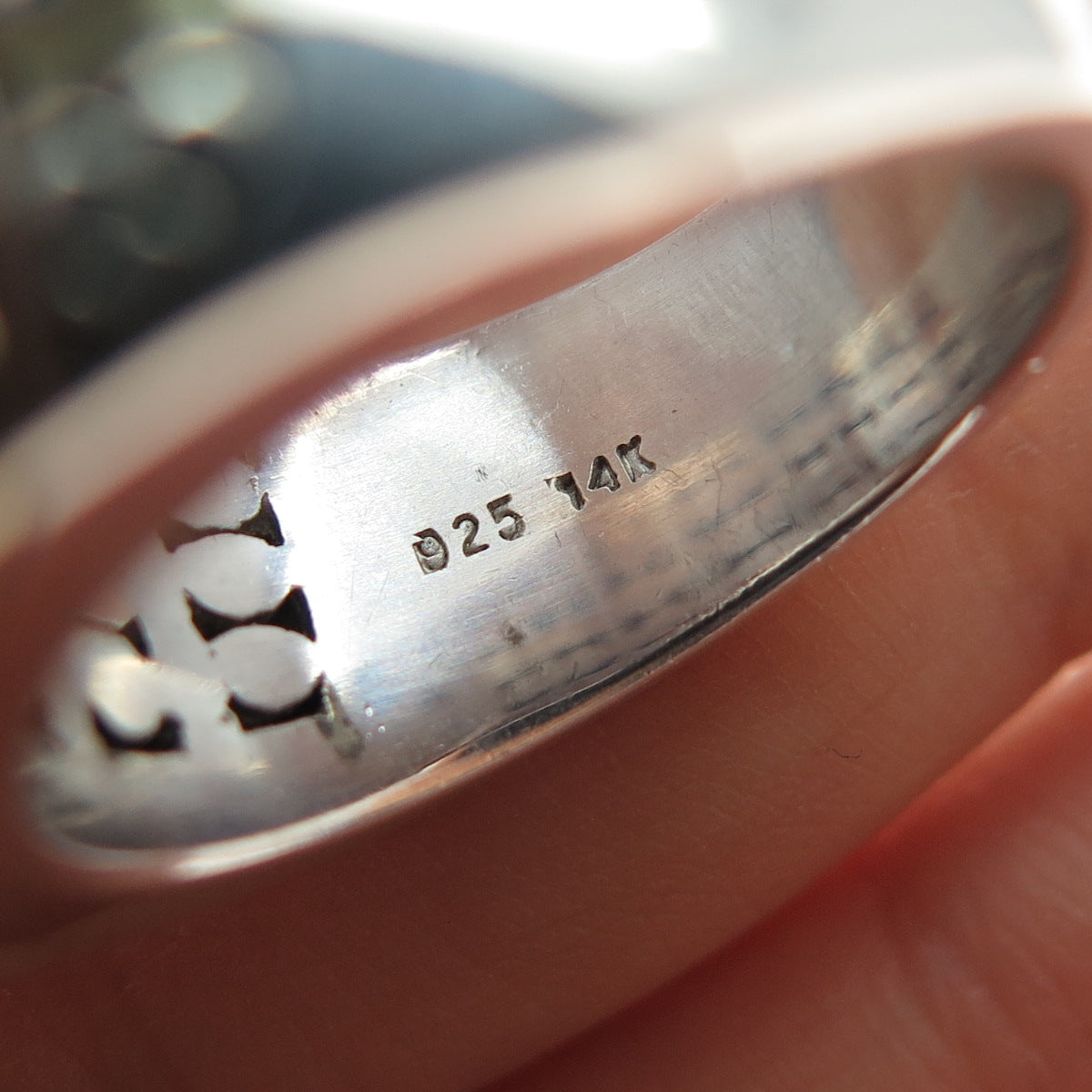 925 Sterling Silver 14K Gold Vintage Real Hematite Granulated Ring Size 7