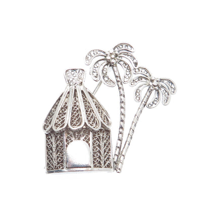 925 Sterling Silver Vintage Bungalow & Palm Tree Filigree Pin Brooch
