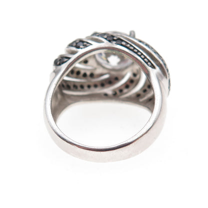925 Sterling Silver Real Round-Cut Black Spinel & C Z Ring Size 6