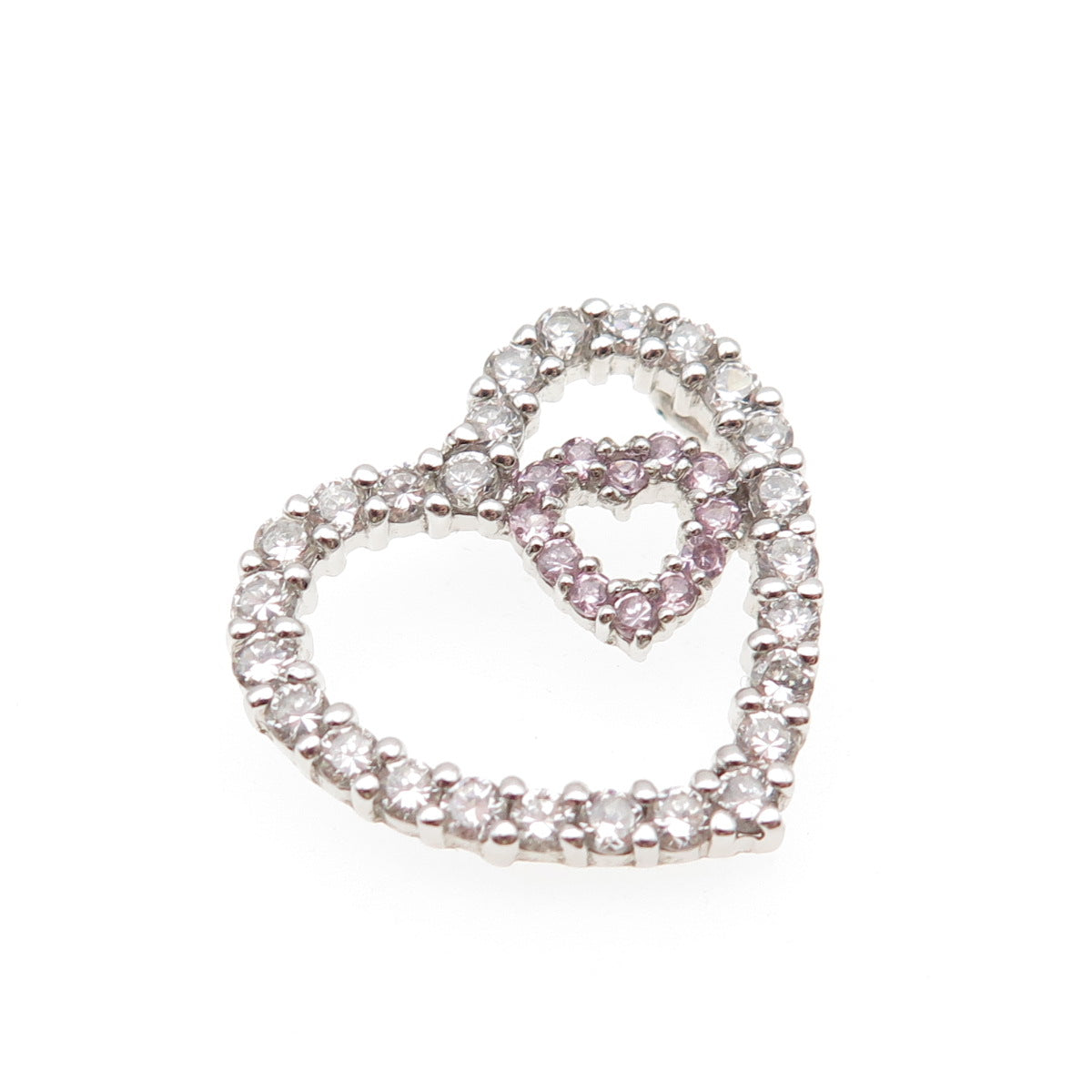 925 Sterling Silver Round-Cut White & Pink C Z Heart Mini Slide Charm Pendant