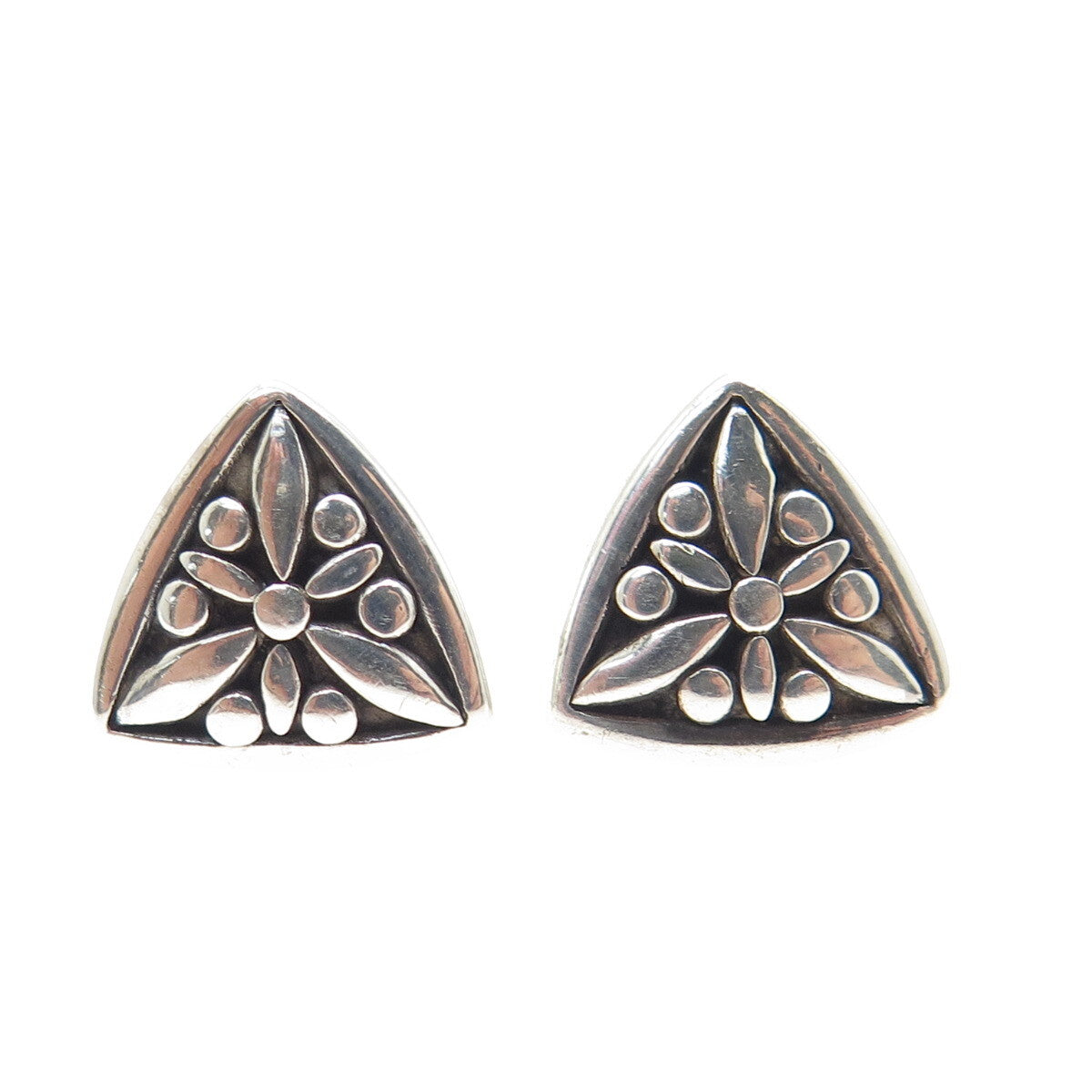 BECKER 925 Sterling Silver Vintage Floral Ethnic Triangle Stud Earrings