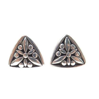 BECKER 925 Sterling Silver Vintage Floral Ethnic Triangle Stud Earrings