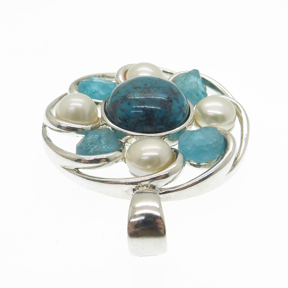 WHITNEY KELLY Sterling Silver Vintage Real Turquoise Quartz Pearl Flower Pendant