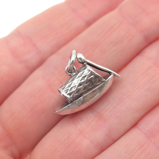 925 Sterling Silver Vintage Japanese Row Boat Oxidized 3D Mini Charm Pendant