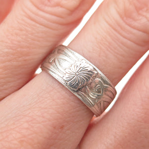 925 Sterling Silver Antique Art Deco Floral Oxidized Band Ring Size 7.25