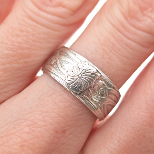925 Sterling Silver Antique Art Deco Floral Oxidized Band Ring Size 7.25
