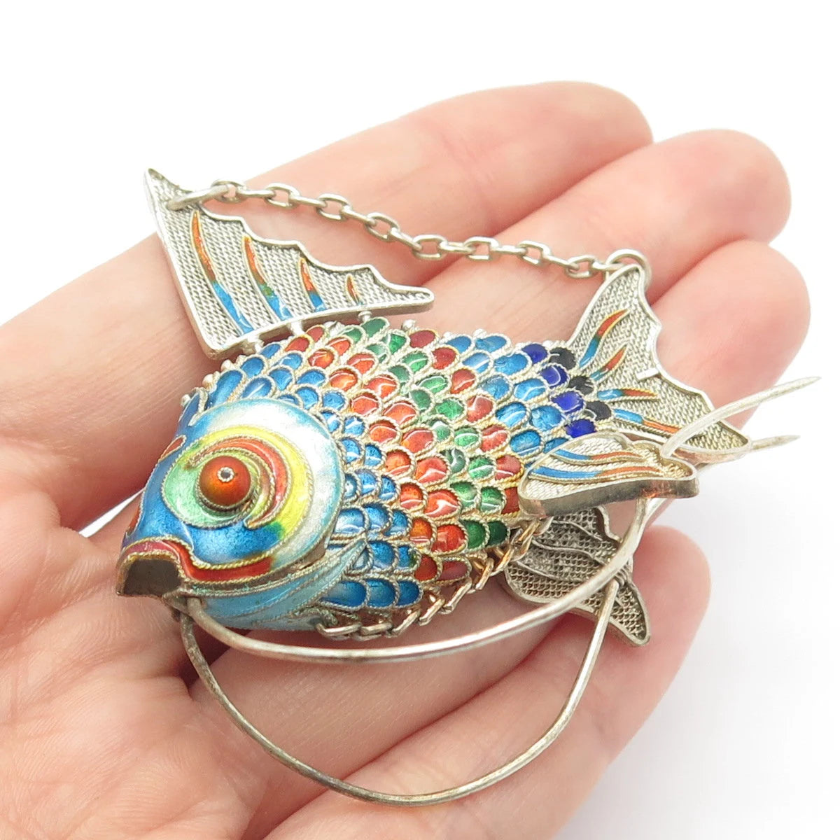 925 Sterling Silver Antique Enamel Chinese Koi Fish Articulated Chatelaine Fob