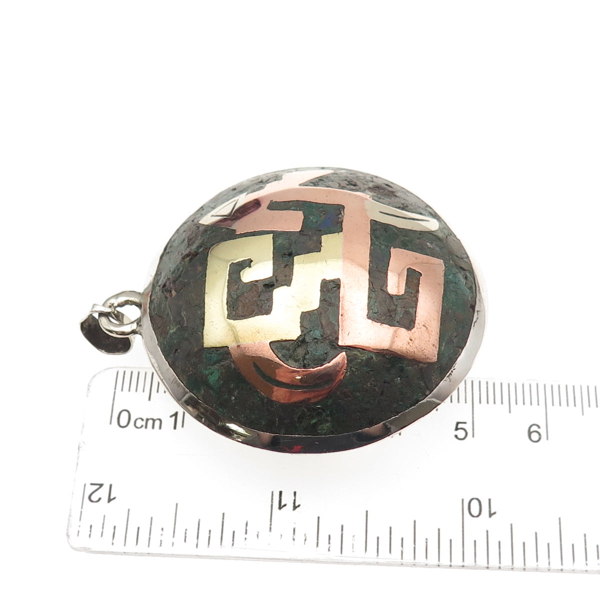 925 Sterling Silver 3-Tone Vintage Mexico Real Chrysocolla Aztec Warrior Pendant