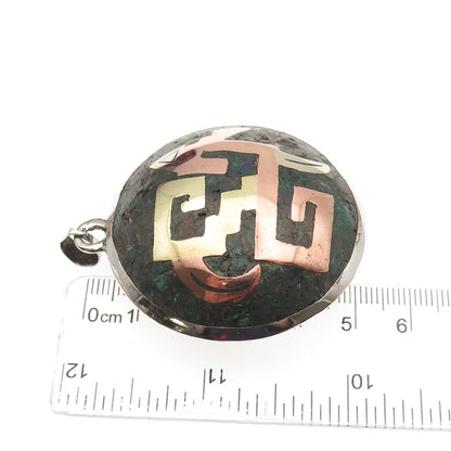 925 Sterling Silver 3-Tone Vintage Mexico Real Chrysocolla Aztec Warrior Pendant
