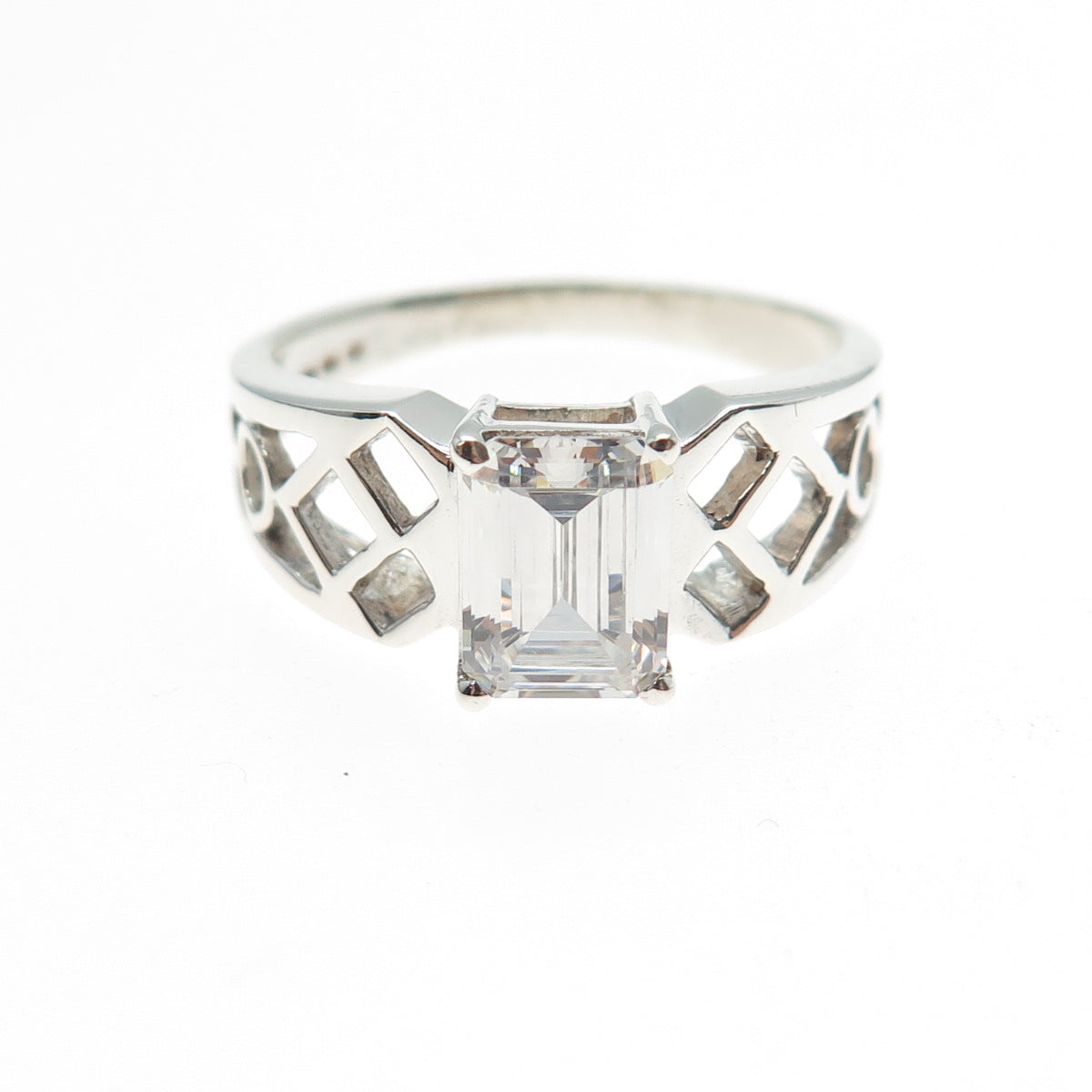 925 Sterling Silver Vintage Emerald-Cut C Z Engagement Ring Size 10.25