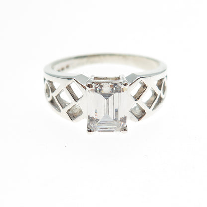 925 Sterling Silver Vintage Emerald-Cut C Z Engagement Ring Size 10.25