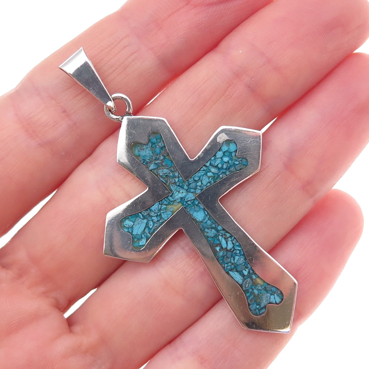 925 Sterling Silver Vintage Mexico Real Turquoise Inlay Cross Pendant