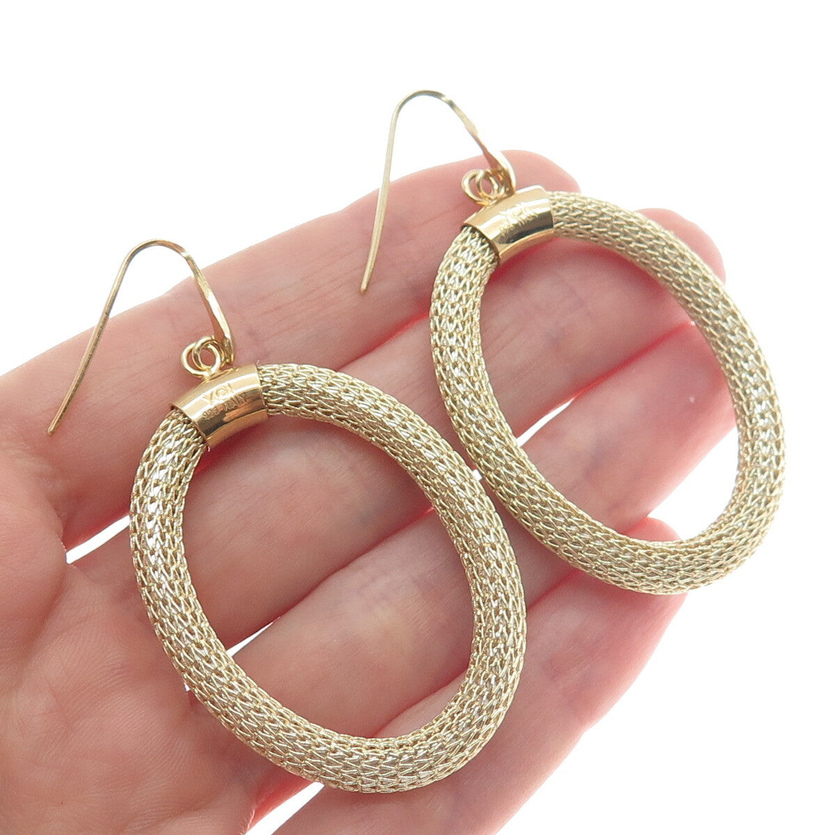 925 Sterling Silver Gold Plated Italy Mesh Oval Circle Dangle Earrings