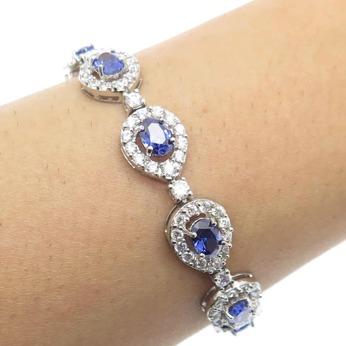 925 Sterling Silver Blue & White C Z Teardrop Link Bracelet 7.25"