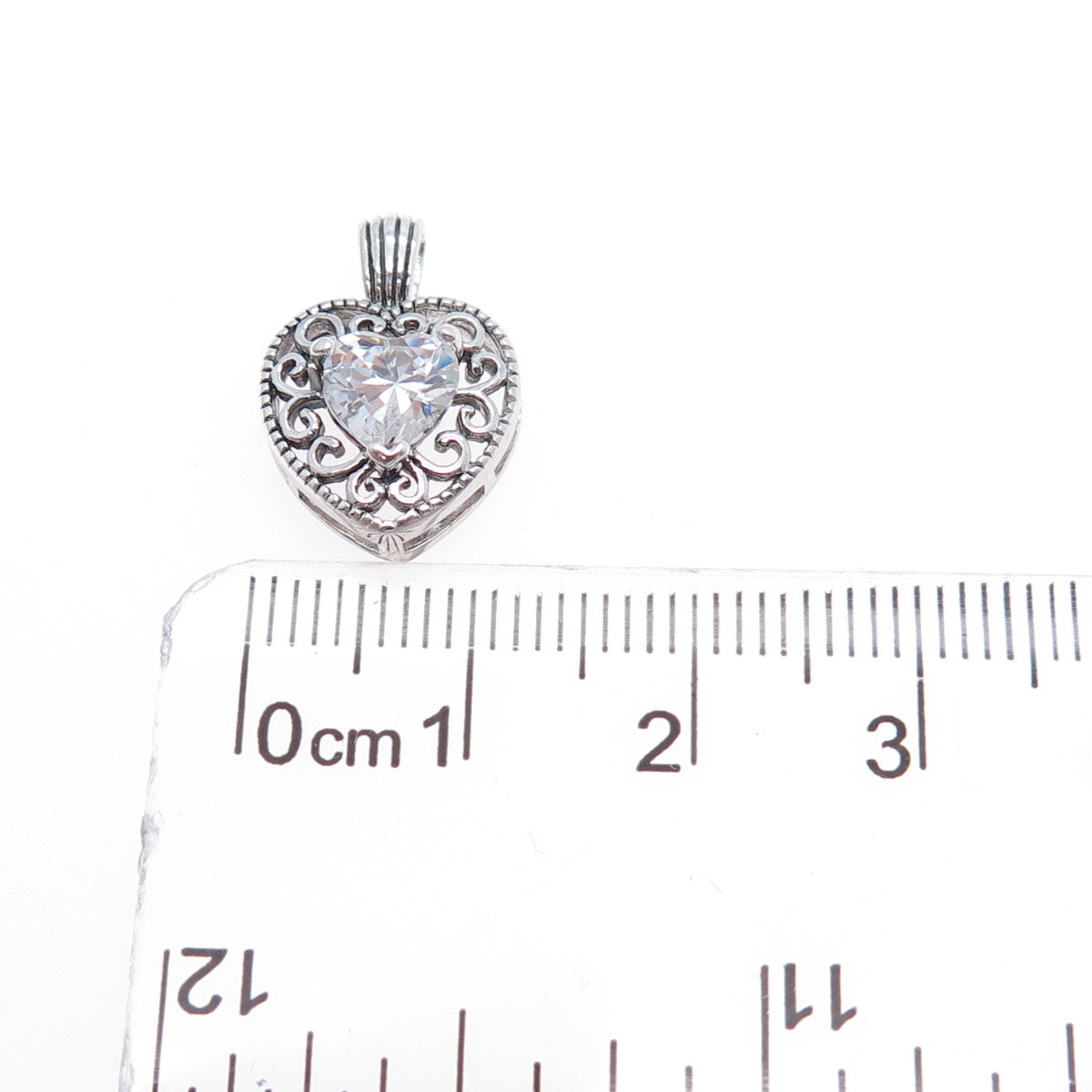 925 Sterling Silver Vintage C Z Ornate Heart Mini Charm Pendant