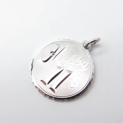 925 Sterling Silver Vintage Happy 11 Heart Round Medal Charm Pendant