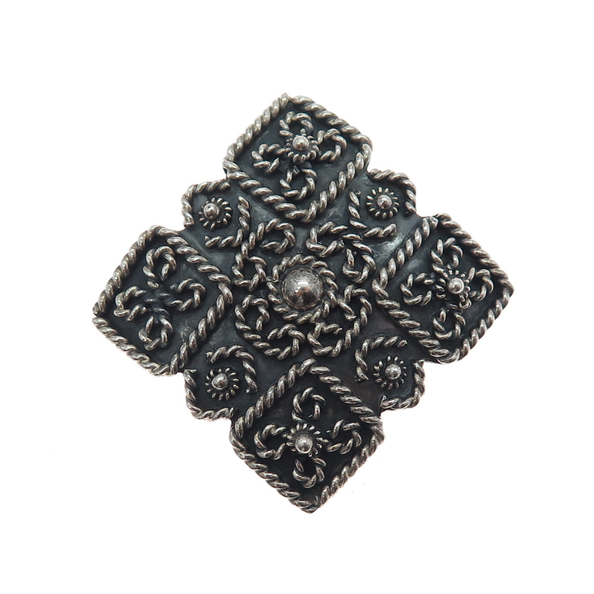 925 Sterling Silver Vintage Mexico Flower Cannetille Oxidized Pin Brooch Pendant