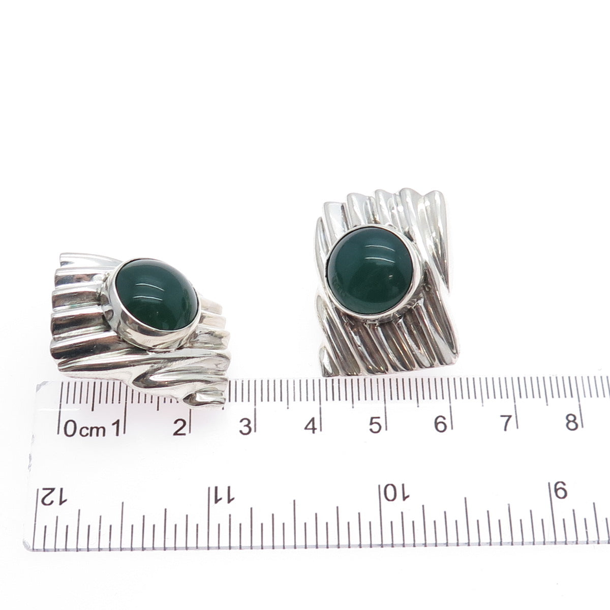 925 Sterling Silver Vintage Real Green Onyx Modernist Omega Back Earrings