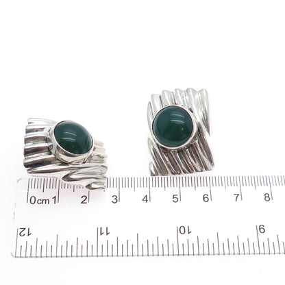 925 Sterling Silver Vintage Real Green Onyx Modernist Omega Back Earrings