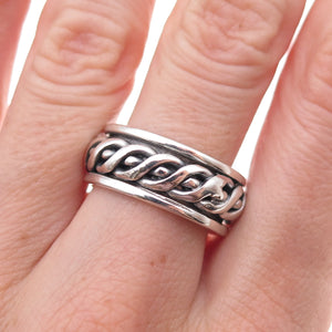 925 Sterling Silver Vintage Woven Oxidized Rotating Band Ring Size 8
