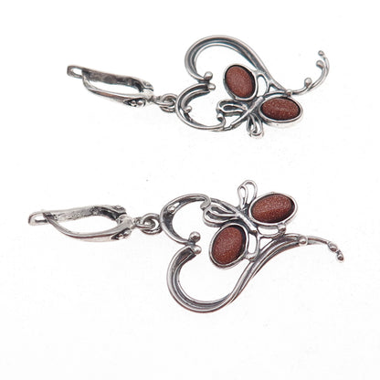 925 Sterling Vintage Poland Real Goldstone Butterfly & Heart Dangle Earrings