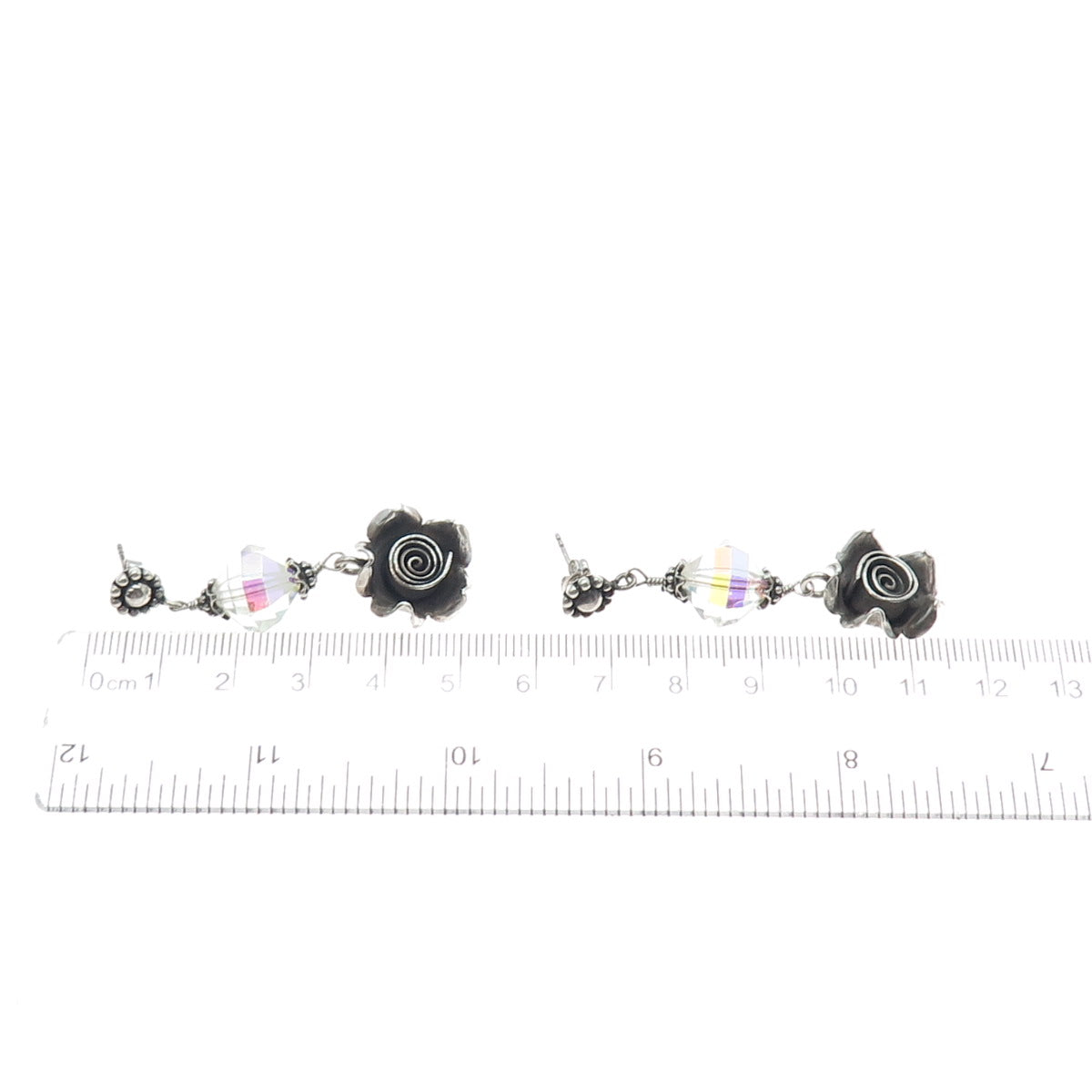 DOUG PAULUS Sterling Silver Vintage Crystal Rose Flower Oxidized Dangle Earrings