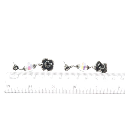 DOUG PAULUS Sterling Silver Vintage Crystal Rose Flower Oxidized Dangle Earrings