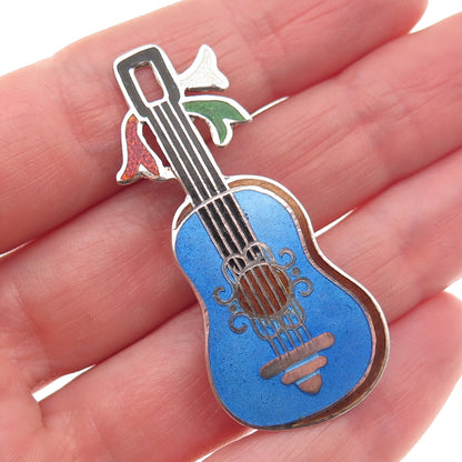 Jeronimo Fuentes 925 Sterling Silver Vintage Mexico Enamel Guitar Pin Brooch