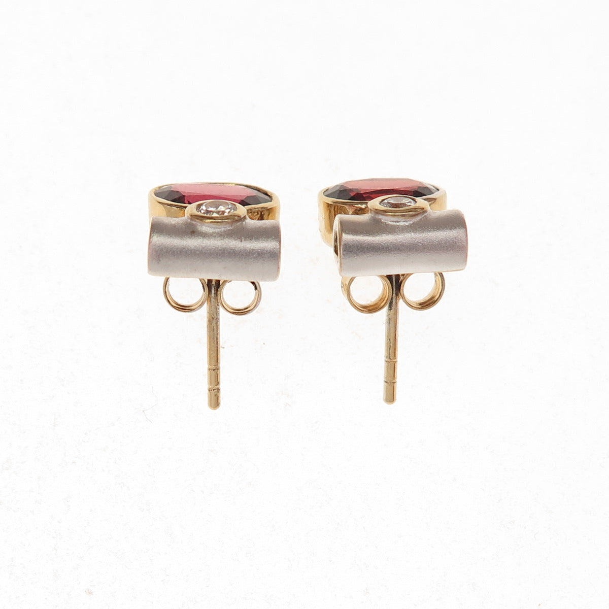 925 Sterling Silver 2-Tone Vintage Real Red Garnet & C Z Modernist Stud Earrings