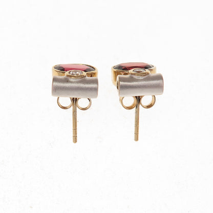925 Sterling Silver 2-Tone Vintage Real Red Garnet & C Z Modernist Stud Earrings