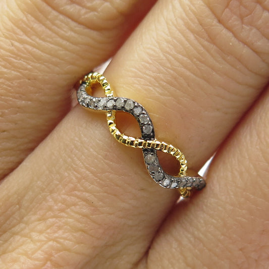 925 Sterling Silver Gold Plated Real Round-Cut Diamond Woven Ring Size 7