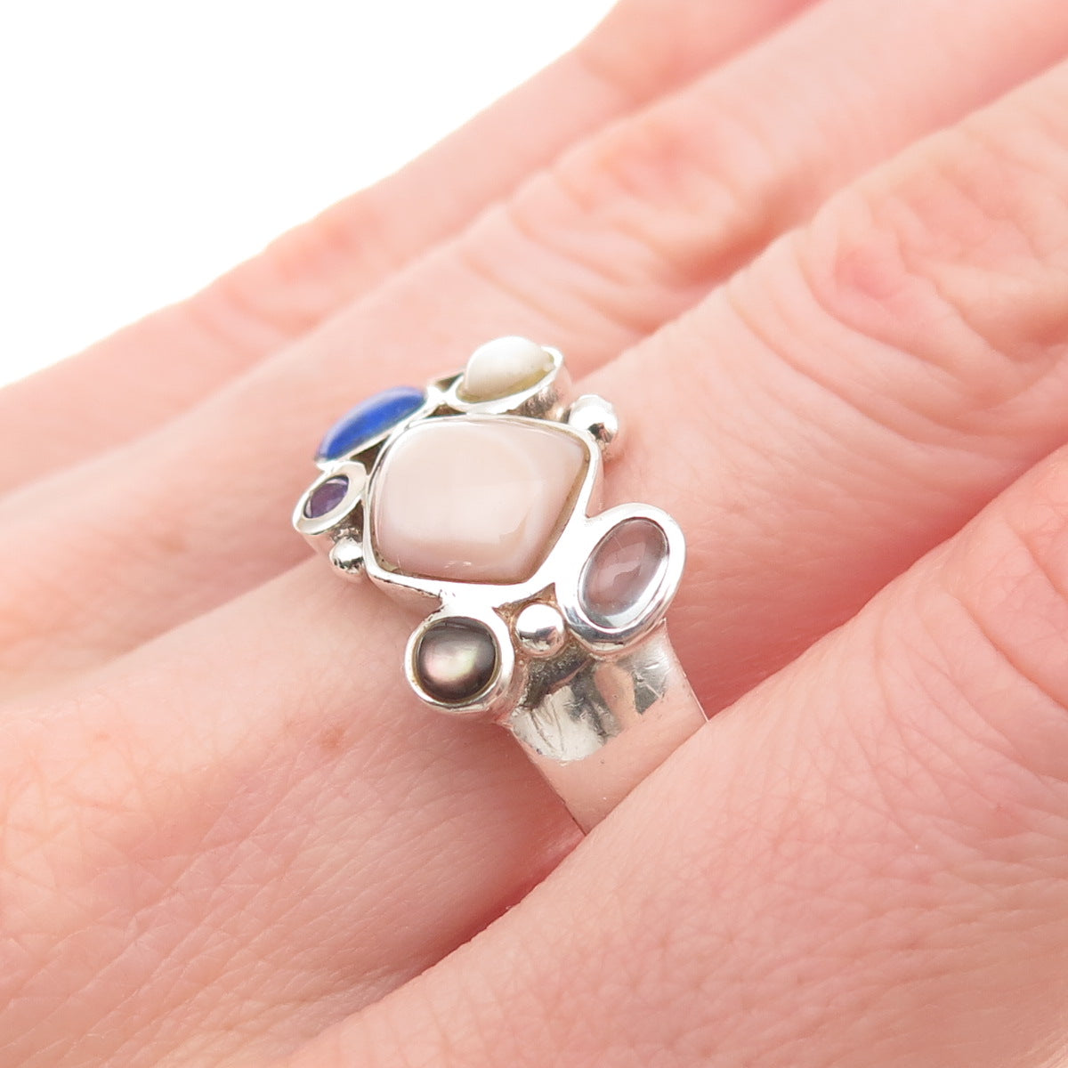 925 Sterling Silver Vintage Real MOP Amethyst Topaz Lapis Garnet Ring Size 10.25