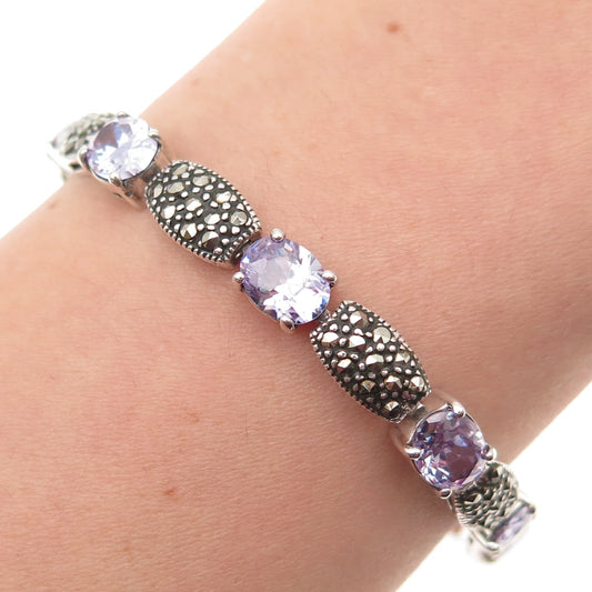 925 Sterling Silver Vintage Real Marcasite & Lavender C Z Oxidized Bracelet 7.5"