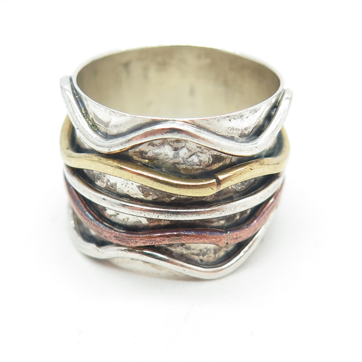 925 Sterling Silver 3-Tone Vintage Modernist Wavy Ring Size 8.5