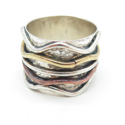 925 Sterling Silver 3-Tone Vintage Modernist Wavy Ring Size 8.5