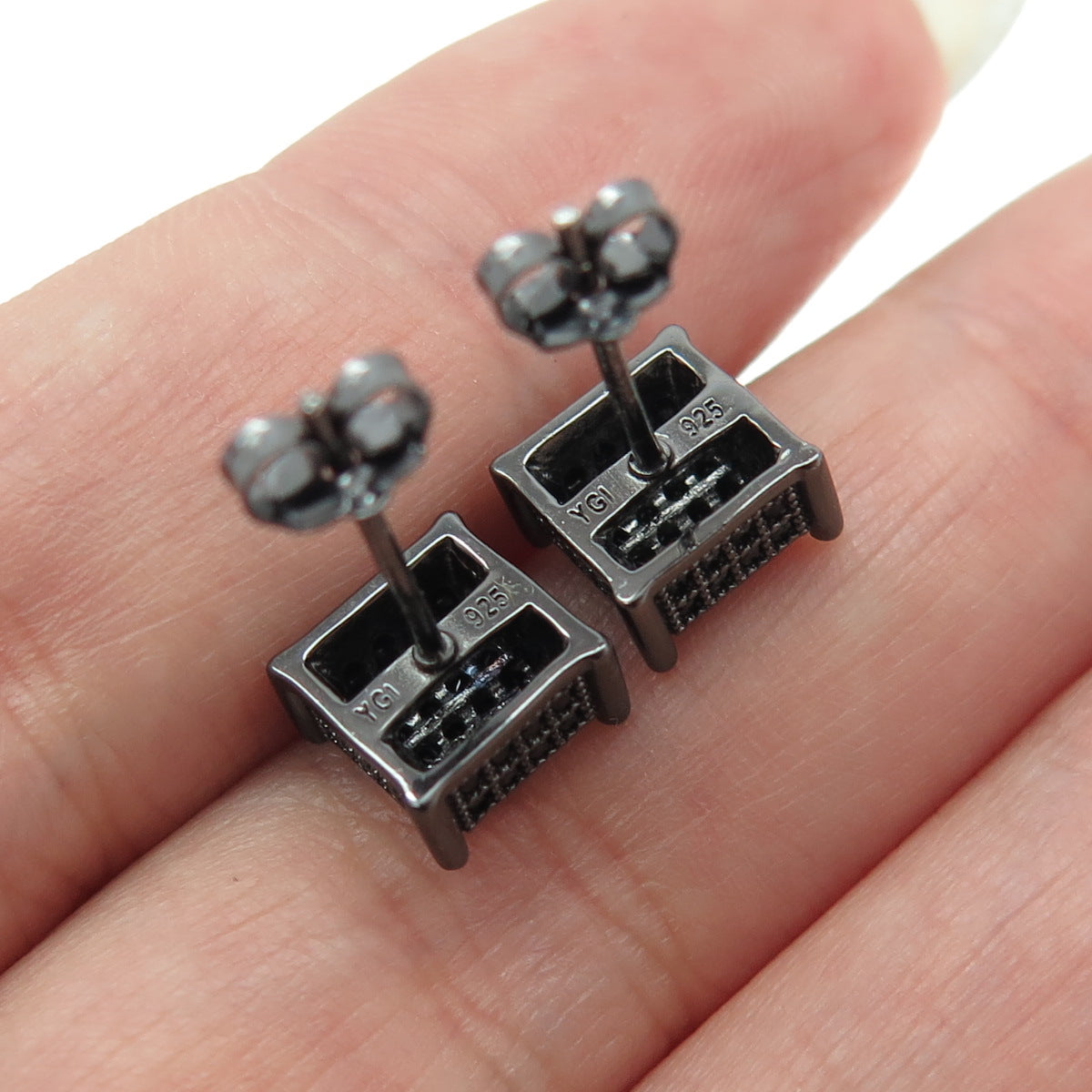 925 Sterling Silver Real Black Spinel Princess Stud Black Rhodium Earrings
