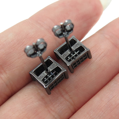 925 Sterling Silver Real Black Spinel Princess Stud Black Rhodium Earrings