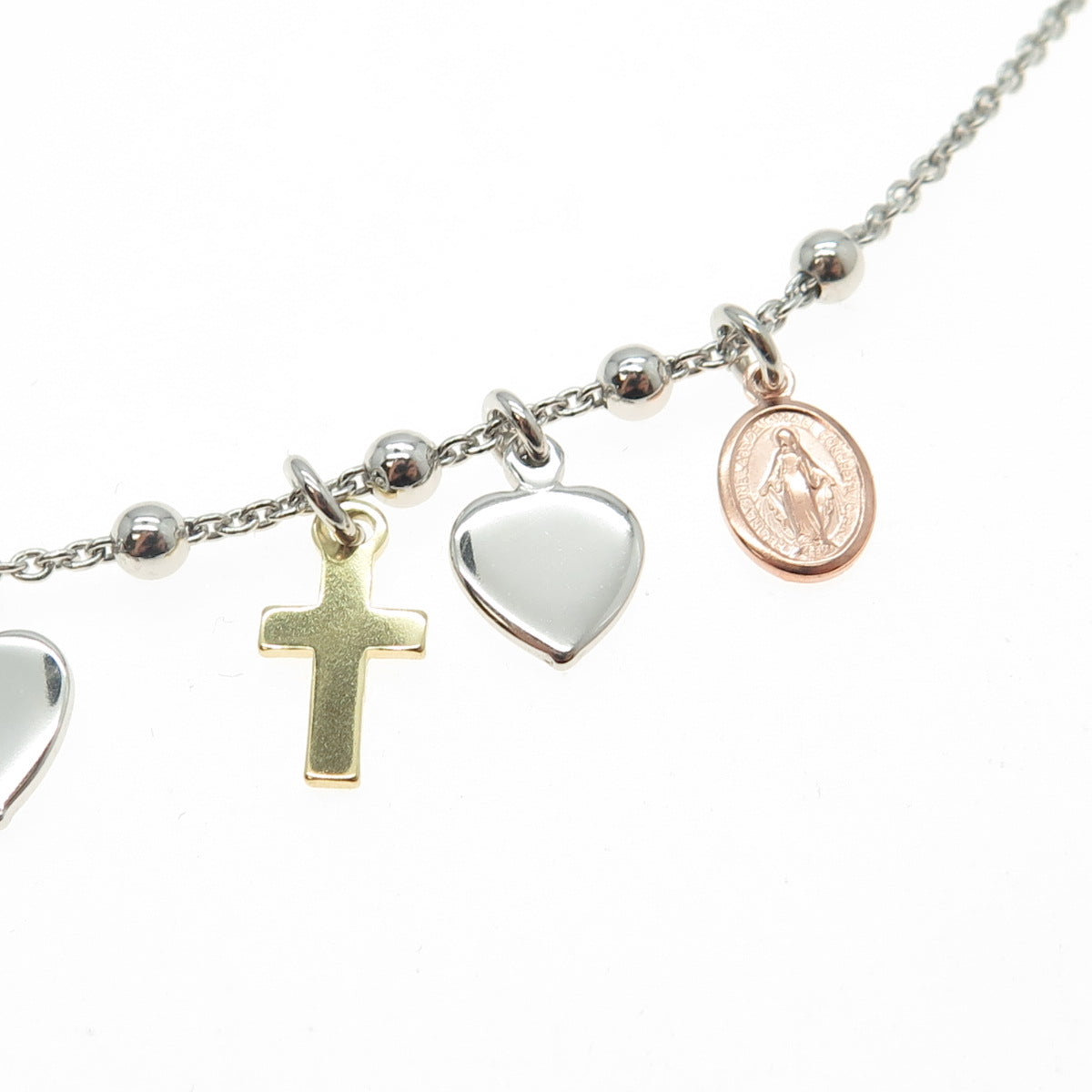 HAN 925 Sterling Silver 3-Tone Italy St. Mary Cross & Heart Charms Necklace 20"