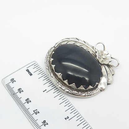 925 Sterling Silver Vintage Mexico Real Black Onyx Gemstone Floral Pin Brooch