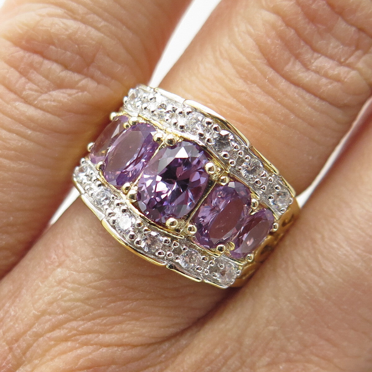 DSMK 925 Sterling Silver Gold Plated Real Purple Sapphire & C Z Ring Size 5