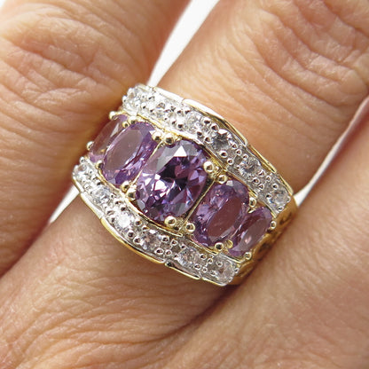 DSMK 925 Sterling Silver Gold Plated Real Purple Sapphire & C Z Ring Size 5