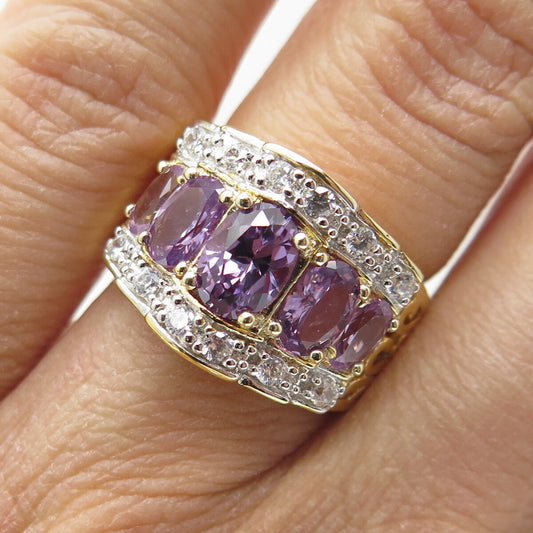 DSMK 925 Sterling Silver Gold Plated Real Purple Sapphire & C Z Ring Size 5